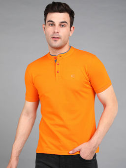 Urbano Fashion - Mens Orange Solid Slim Fit Half Sleeve Cotton T-Shirt With Mandarin Collar
