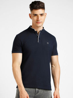 Urbano Fashion - Mens Blue Solid Slim Fit Half Sleeve Cotton T-Shirt With Mandarin Collar