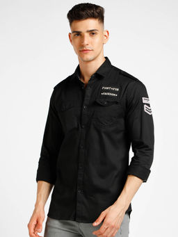 Urbano Fashion - Mens Black Cotton Full Sleeve Slim Fit Casual Solid Shirt