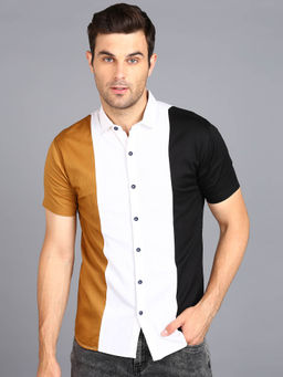 Urbano Fashion - Mens Beige, Off White Cotton Half Sleeve Slim Fit Casual Colorblock Shirt