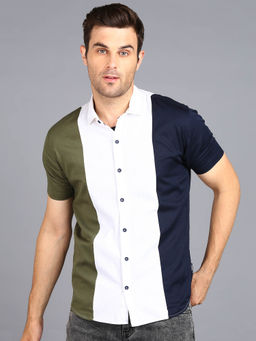 Urbano Fashion - Mens Blue, White Cotton Half Sleeve Slim Fit Casual Colorblock Shirt