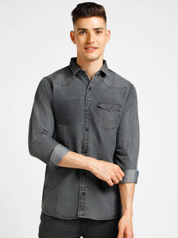 Urbano Fashion - Mens Black Denim Full Sleeve Slim Fit Washed Casual Shirt