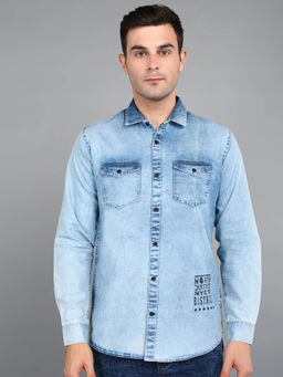 Urbano Fashion - Mens Ice Blue Denim Full Sleeve Slim Fit Washed Casual Shirt