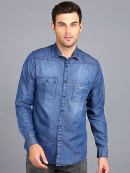 Urbano Fashion - Mens Blue Denim Full Sleeve Slim Fit Washed Casual Shirt