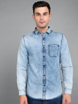 Urbano Fashion - Mens Ice Blue Denim Full Sleeve Slim Fit Washed Casual Shirt