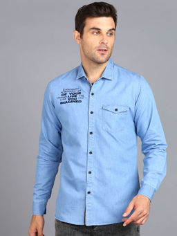 Urbano Fashion - Mens Ice Blue Denim Full Sleeve Slim Fit Washed Casual Shirt
