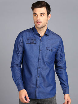 Urbano Fashion - Mens Light Blue Denim Full Sleeve Slim Fit Washed Casual Shirt
