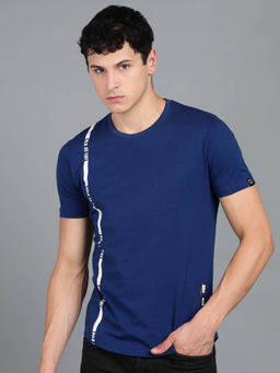 Urbano Fashion - Mens Printed Dark Blue Round Neck Half Sleeve Slim Fit Cotton T-Shirt
