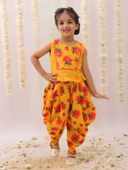 Lil Drama - Girls Genda Phool Mustard Floral Print Top and Dhoti