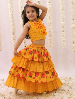 Lil Drama - Girls Genda Phool Mustard Floral Print Choli and Lehenga