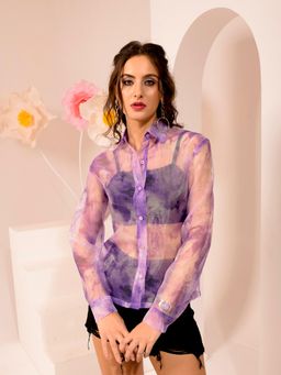 Tandul - Women Polyester Printed Purple Sheer Shirt