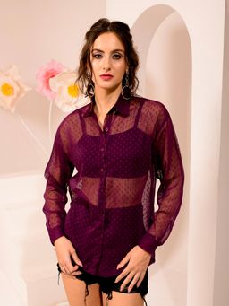 Tandul - Women Georgette Solid Wine Semi Sheer Shirt