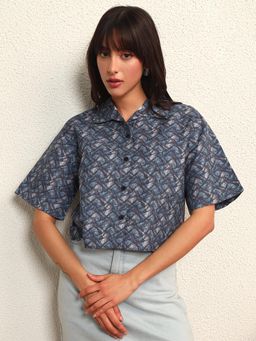 Tandul - Women Printed Blue Boxy Shirt