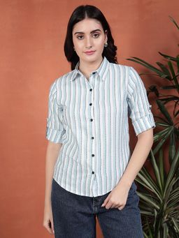 Tandul - Women Crepe Skyblue Striped Shirt