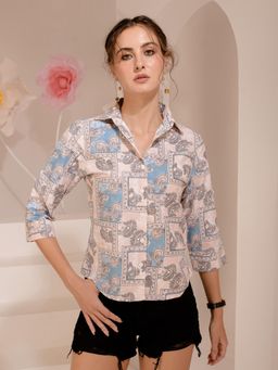 Tandul - Women Beige and Blue Printed Shirt