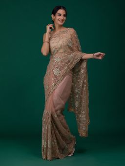 Koskii - Peach Embroidered Net Designer Saree With Unstitched Blouse
