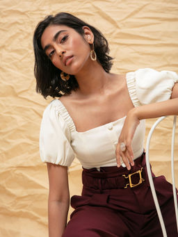 RSVP by Nykaa Fashion - White Solid Square Neck Crop Top (Custom)