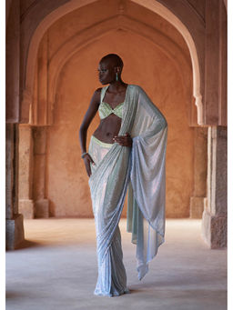 ITRH - Blue Sanch Pre-Draped Saree with Stitched Blouse