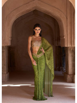 ITRH - Green Tiaa Pre-Draped Saree with Stitched Blouse