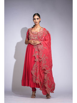 Shruti S - Red Silk Anarkali With Churidar And Dupatta
