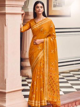 Odette - Womens Mustard Chanderi Printed Saree with Unstitched Blouse