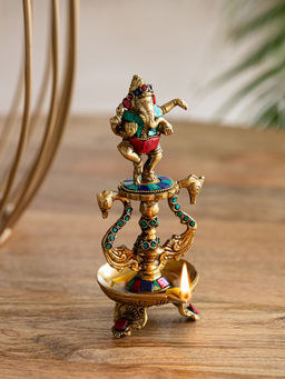 ExclusiveLane - Hand Carved Ganesha Brass Diya with Gem Work