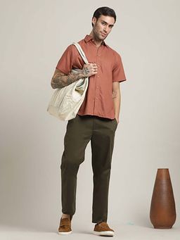 Saltpetre - Rust Semi-Spread Collar Half Sleeve Shirt and Relaxed Fit Pleated Chinos