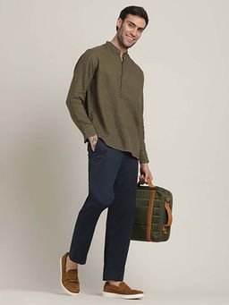 Saltpetre - Olive Mandarin Collar Diamond Popover Placket Shirt and Pleated Chinos