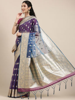 Akhilam - Blue Party Wear Organza Woven Design Saree With Unstitched Blouse