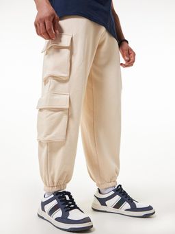 Bewakoof - Heavy Duty 1.0 Men's Beige Super Loose Fit Brushed Cargo Joggers