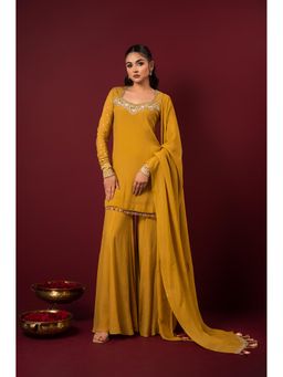 Sonia Baderia - Mustard Divine Embroidered Kurti with Sharara and Dupatta (Set of 3)