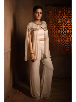 Sonia Baderia - Off White Divine Embroidered Cape with Bustier and Palazzo (Set of 3)