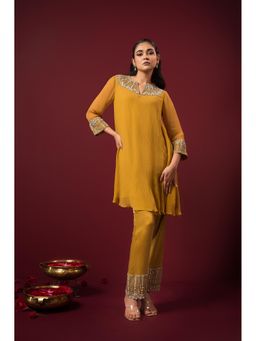 Sonia Baderia - Mustard Divine Embroidered Boho Kurta and Pant (Set of 2)