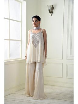 Sonia Baderia - Off White Divine Embroidered Peplum Kurti with Sharara and Dupatta (Set of 3)