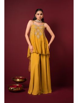 Sonia Baderia - Mustard Divine Embroidered Peplum Kurti with Sharara and Dupatta (Set of 3)