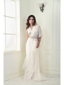 Sonia Baderia - Off White Divine Embroidered Pre Drape Saree and Belt with Stitched Blouse