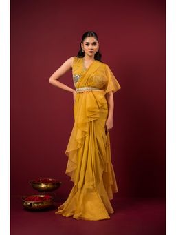 Sonia Baderia - Mustard Divine Embroidered Pre Drape Saree and Belt with Stitched Blouse