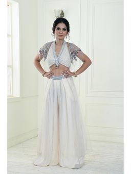 Sonia Baderia - Off White Divine Embroidered Cape with Blouse and Palazzo (Set of 3)