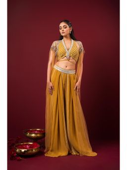 Sonia Baderia - Mustard Divine Embroidered Cape with Blouse and Palazzo (Set of 3)