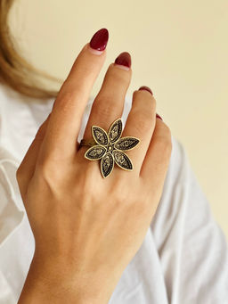 Pipa Bella by Nykaa Fashion - Festive Black and Gold Floral Statement Ring