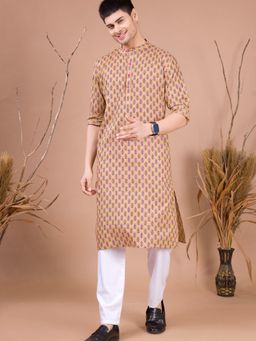 SHIWAM ETHNIX - Cream Men's Printed Cotton Cuff Kurta With Pyjama