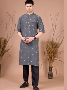 SHIWAM ETHNIX - Grey Men's Printed Cotton Cuff Kurta With Pyjama