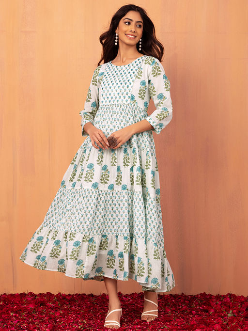 Buy Indya White & Blue Block Print Cotton Maxi Dress Online