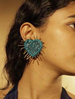 Digital Dress Room - Blue Beaded Heart Stud Earrings