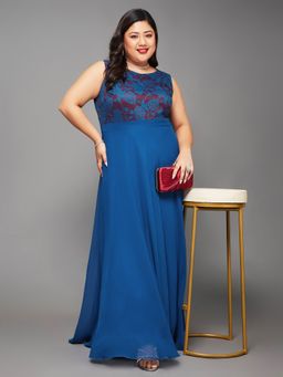 Miss Chase - A+ Curve Collection Plus Size Floral Fit & Flare Maxi Dress - Royal Blue