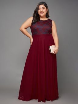 Miss Chase - A+ Curve Collection Plus Size Lace Overlaid Maxi Dress - Maroon & Teal