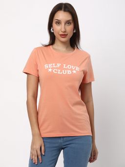 R&B - Women Orange Typography Casual T-Shirt