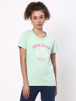 R&B - Women Green Typography Casual T-Shirt
