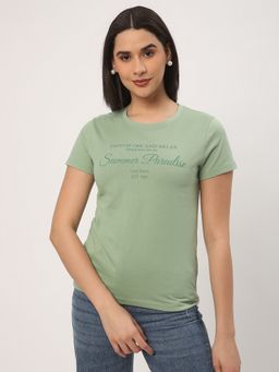 R&B - Women Green Typography Casual T-Shirt