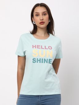 R&B - Women Blue Typography Casual T-Shirt